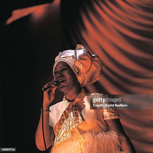 American soul singer Aretha Franklin performs live on stage at Hammersmith Odeon in London in 1968.
