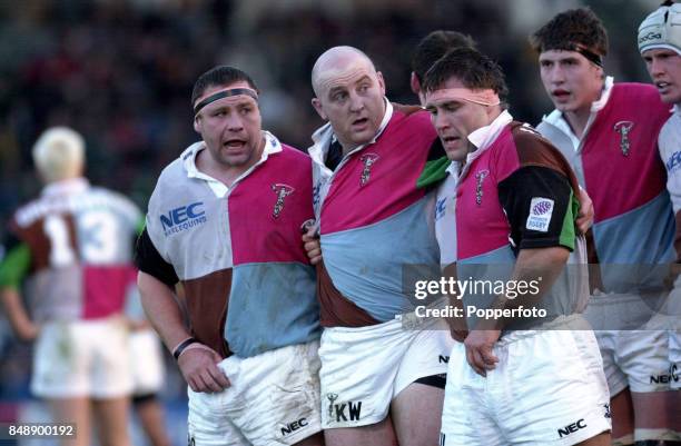 Harlequins' front row, left to right Adrian Olver, Keith Wood and Jason Leonard, during the Harlequins v Saracens Zurich Premiership match at the...