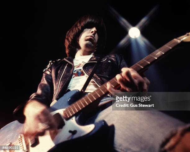 American guitarist Johnny Ramone, performing with The Ramones at The Roundhouse in London, 4th July 1976.