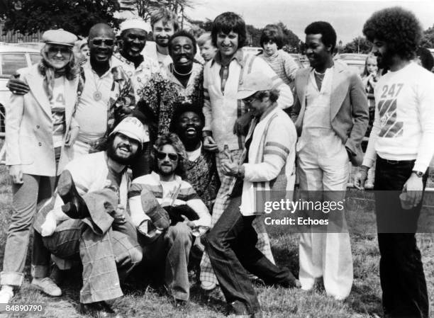 Photo of Noel EDMONDS and Ed STEWART and OSIBISA and Paul GAMBACCINI; Osibisa with Paul Gambaccini , Ed "Stewpot" Stewart, Dave Lee Travis , Noel...