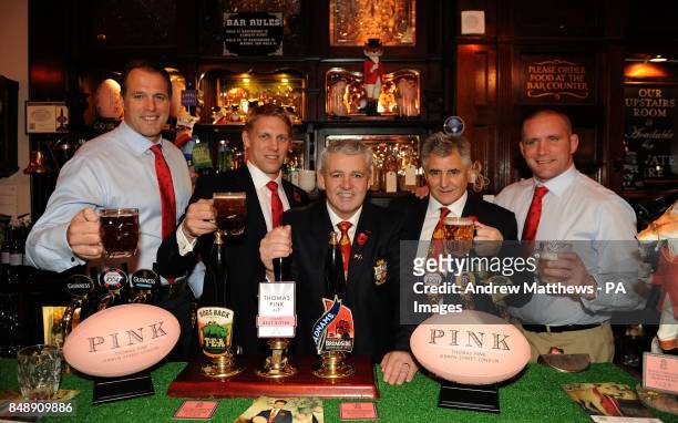 British and Irish lions head coach Warren Gatland poses with Lewis Moody , Phil Vickery , Andy Irvine and Martin Bayfield during the launch of the...