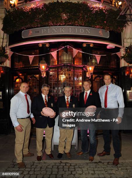 British and Irish lions head coach Warren Gatland poses with Lewis Moody , Phil Vickery , Andy Irvine and Martin Bayfield during the launch of the...