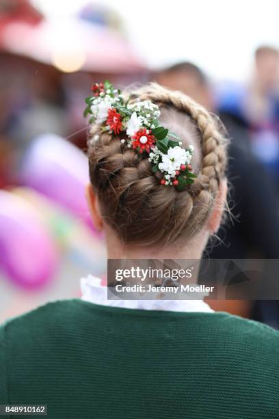 Detail of hairstyle at Theresienwiese on September 17, 2017 in Munich, Germany.