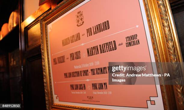 General view of a sign advertising the Staff of Warren Gatland, Phil Vickery, and Martin Bayfield at the Pink Lion Pub, London