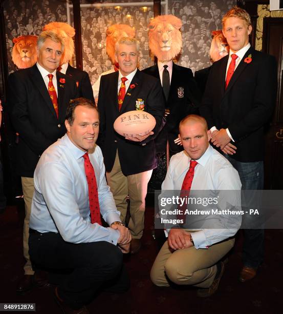 British and Irish lions head coach Warren Gatland poses with Lewis Moody , Phil Vickery , Andy Irvine and Martin Bayfield during the launch of the...