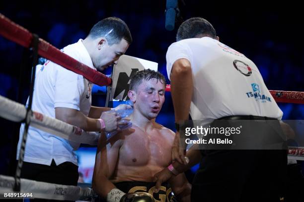 Gennady Golovkin sits in his corner against Canelo Alvarez during their WBC, WBA and IBF middleweight championship bout at T-Mobile Arena on...