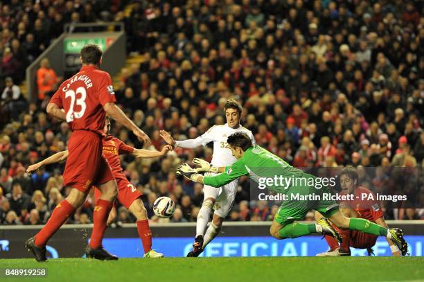 Liverpool goalkeeper Brad Jones saves a shot from Swansea City's Pablo Hernandez