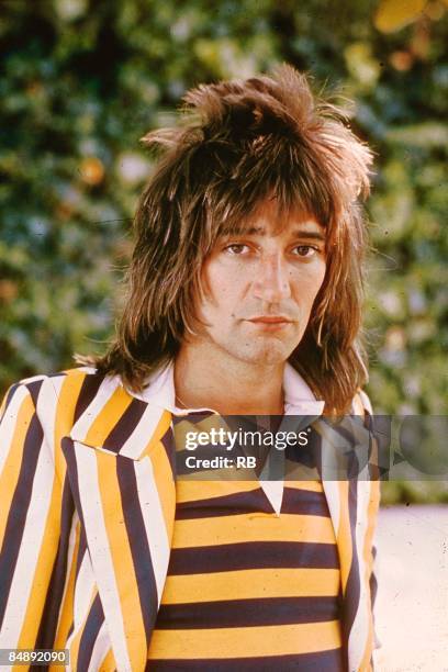 Photo of Rod STEWART; posed portrait of Rod Stewart at time of 'First Cut Is The Deepest', wearing stripy top and jacket