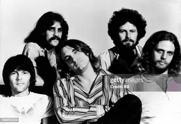 Photo of Don FELDER and Don HENLEY and Joe WALSH and Glenn FREY and Randy MEISNER and EAGLES; Posed group portrait L-R Randy Meisner, Glenn Frey, Joe...