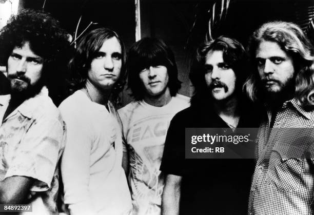 Photo of Don FELDER and Glenn FREY and Randy MEISNER and Joe WALSH and Don HENLEY and EAGLES; Posed group portrait L-R Don Henley, Joe Walsh, Randy...