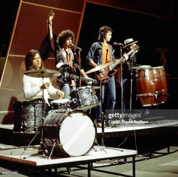 From left, drummer Bill Legend, singer and guitarist Marc Bolan , bass guitarist Steve Currie and percussionist Mickey Finn of English glam rock...