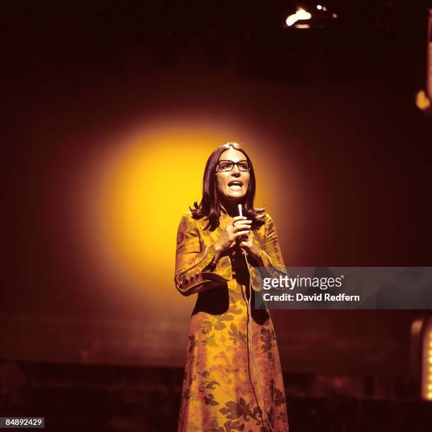 Greek singer Nana Mouskouri performs on her own BBC television show 'Nana Mouskouri' at BBC Television Centre in London circa 1973.