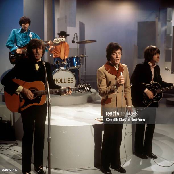 English pop group The Hollies perform on the Bobbie Gentry music series for BBC Television at Television Centre in London in August 1968. Members of...