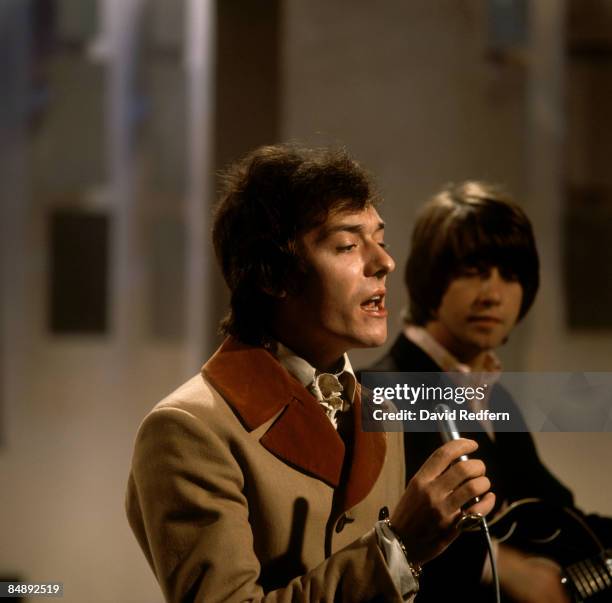 From left, Allan Clarke and Tony Hicks from English pop group The Hollies perform on the Bobbie Gentry music series for BBC Television at Television...