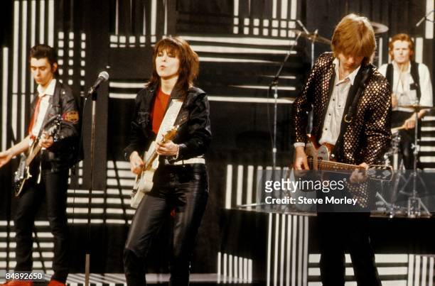 Photo of PRETENDERS and Martin CHAMBERS and Chrissie HYNDE and James HONEYMAN SCOTT and Pete FARNDON, Group performing on 'The Kenny Everett Video...