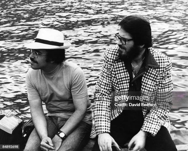 American jazz pianist Bill Evans posed on right with bassist Eddie Gomez beside Lake Geneva in Montreux, Switzerland in July 1975.