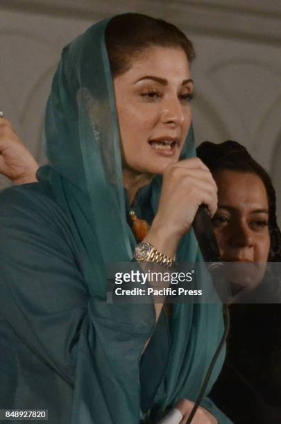 Mariyam Nawaz daughter of Former Prime Minister Pakistan Nawaz Sharif address to the party supporters at 180/H Model Town her mother Kalsoom Nawaz...