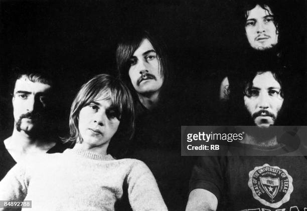 Photo of Peter GREEN and Jeremy SPENCER and Mick FLEETWOOD and Danny KIRWAN and John McVIE and FLEETWOOD MAC; Posed group portrait L-R John McVie,...