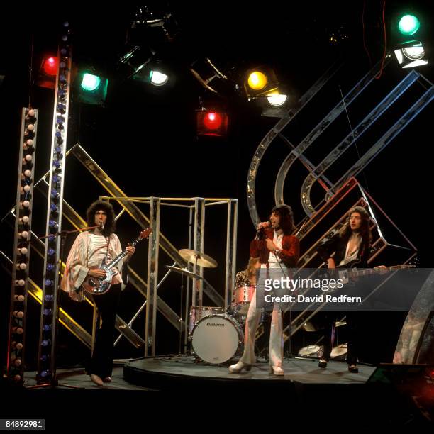 English rock group Queen perform their new single 'Killer Queen' on the BBC Television music show 'Top Of The Pops' at BBC Television Centre in...