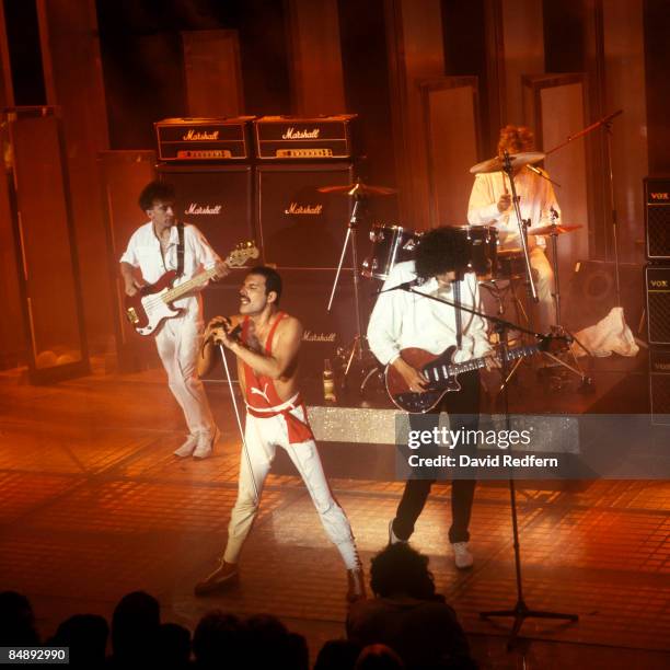 English rock group Queen perform live on stage at the Golden Rose Pop Festival in Montreux, Switzerland on 12th May 1984. Members of the band are,...