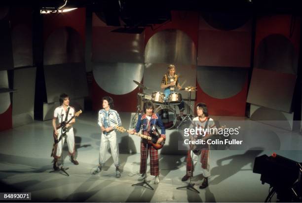 Photo of BAY CITY ROLLERS and Eric FAULKNER and Les McKEOWN and Alan LONGMUIR and Derek LONGMUIR and Stuart WOOD, Group performing on tv show L-R...