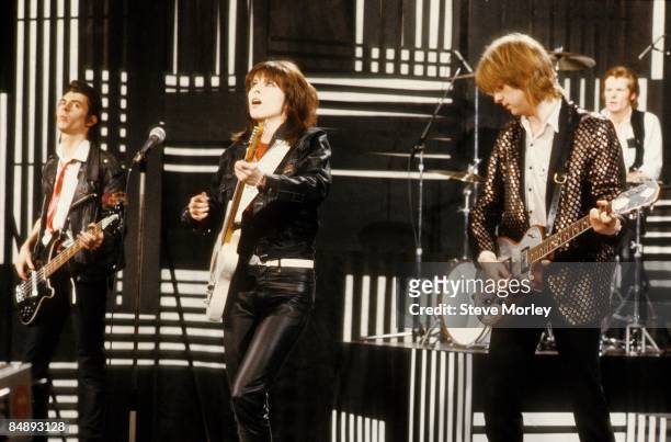 Photo of PRETENDERS and Martin CHAMBERS and Chrissie HYNDE and James HONEYMAN SCOTT and Pete FARNDON, Group performing on 'The Kenny Everett Video...