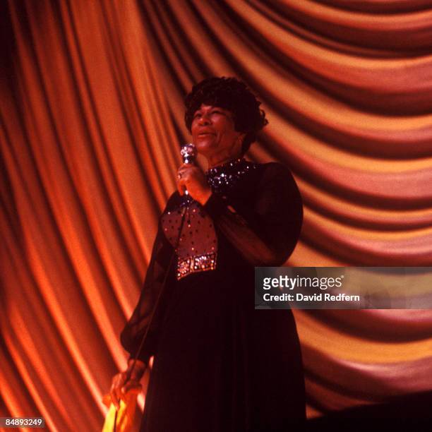 American jazz singer Ella Fitzgerald performs live on stage during a concert performance at Annabel's club in London in 1971.