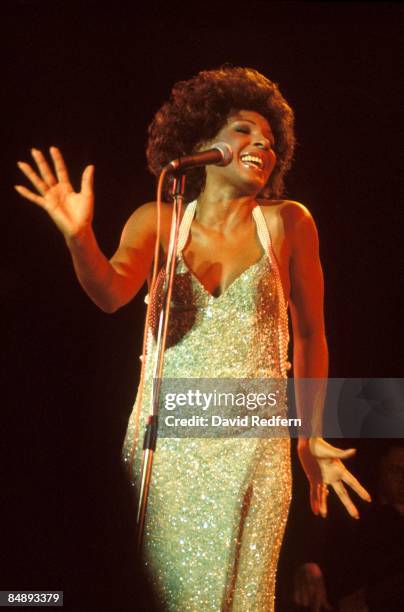 Welsh singer Shirley Bassey performing on stage in Bournemouth, October 1974.