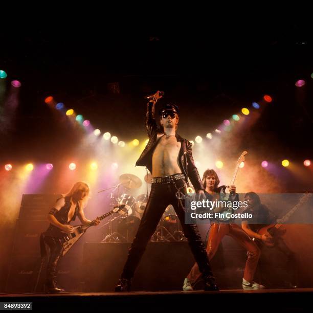 Photo of Ian HILL and JUDAS PRIEST and Rob HALFORD and KK DOWNING and Glenn TIPTON; L-R: KK Downing, Rob Halford, Glenn Tipton, Ian Hill performing...