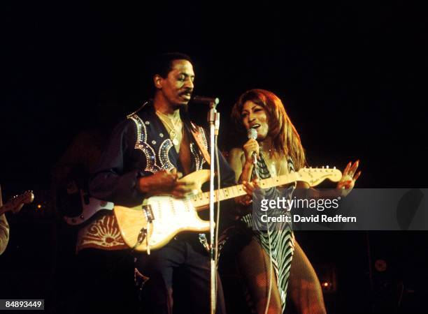 American music duo Tina Turner and Ike Turner on left playing Fender Stratocaster guitar, of the Ike & Tina Turner Revue perform live on stage at the...