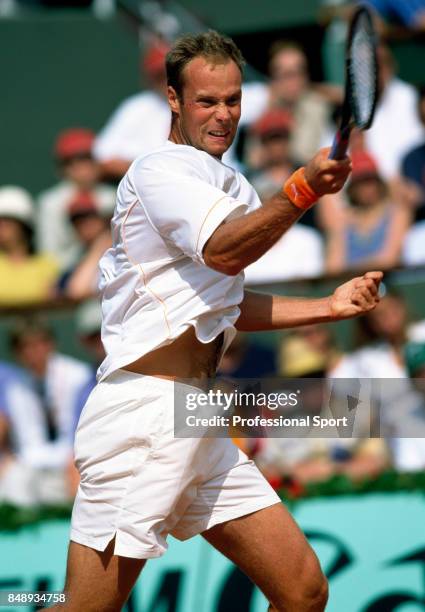 Martin Verkerk of the Netherlands in action during a men's singles match at the French Lawn Tennis Championships at the Roland Garros Stadium in...