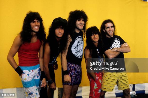 Photo of ANTHRAX and Frank BELLO and Joey BELLADONNA and Charlie BENANTE and Dan SPITZ and Scott IAN; Posed group portrait L-R Frank Bello, Joey...