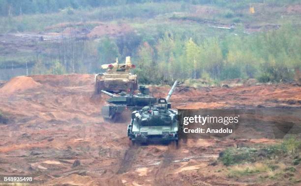 Tanks and armoured vehicles are seen during the main stage of Zapad 2017, joint Russian and Belarusian military exercises, at Luzhsky range in...