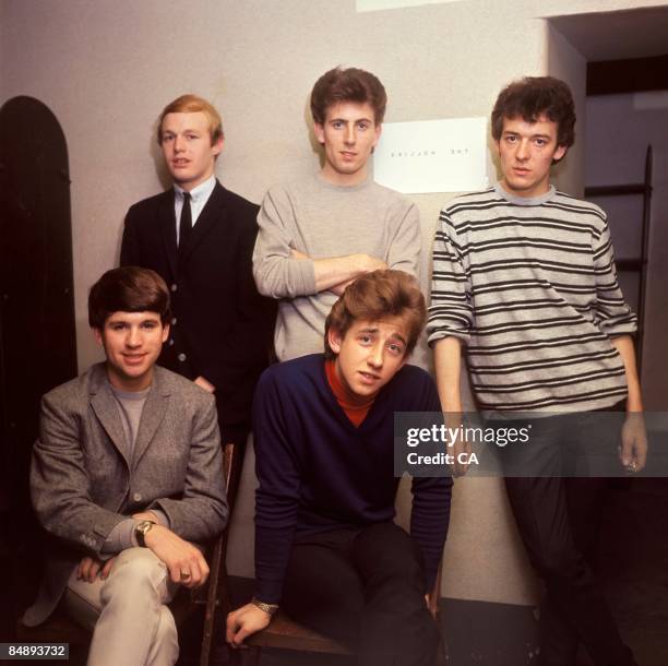 Photo of Tony HICKS and HOLLIES and Graham NASH and Eric HAYDOCK and Bobby ELLIOTT and Allan CLARKE; L-R : Bobby Elliott, Graham Nash, Allan Clarke;...