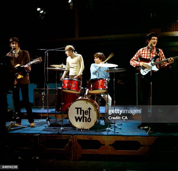 Photo of Keith MOON and Pete TOWNSHEND and The Who and Roger DALTREY and John ENTWISTLE; Group performing on tv show at Wembley Studios L-R: Pete...