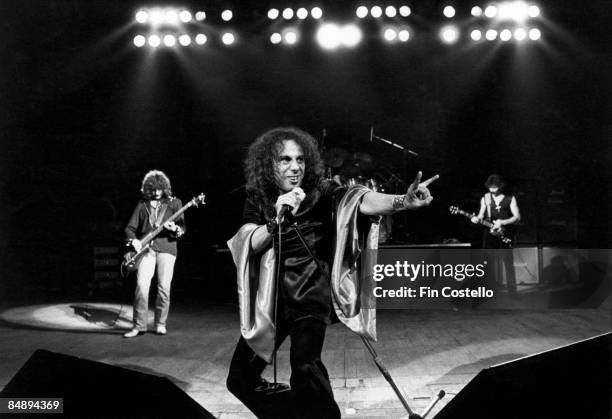 Photo of Ronnie DIO and BLACK SABBATH; L-R - Geezer Butler, Ronnie Dio , Tony Iommi at Gaumont,