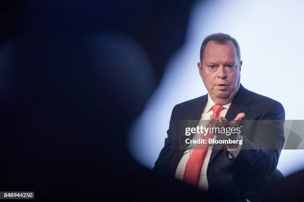 Peter Terium, chief executive officer of Innogy SE, speaks during the Bloomberg New Energy Finance "Future Of Energy" summit in London, U.K., on...