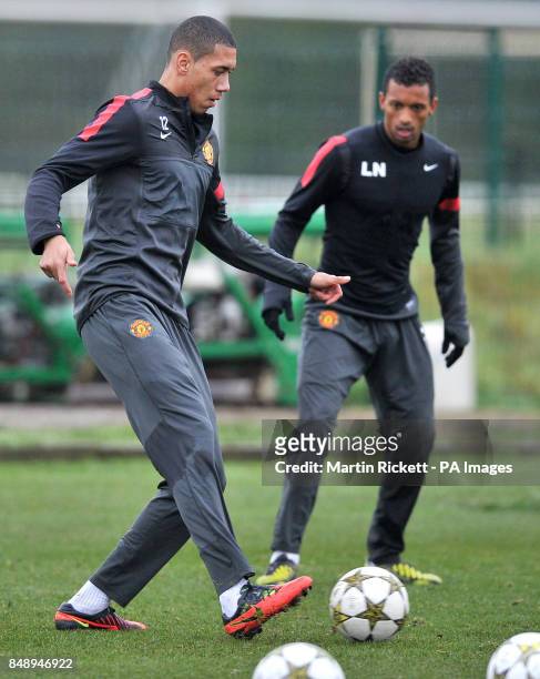 Manchester United's Chris Smalling with Nani during a training session at Carrington Training Ground, Manchester.