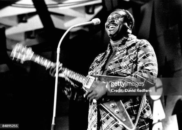 American singer and blues guitarist Albert King performs live on stage playing his Gibson Flying V guitar at Montreux Jazz Festival in Montreux,...