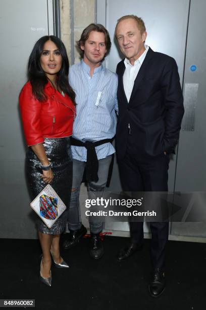 Salma Hayek, Christopher Kane and Francois-Henri Pinault attend the Christopher Kane show during London Fashion Week September 2017 on September 18,...