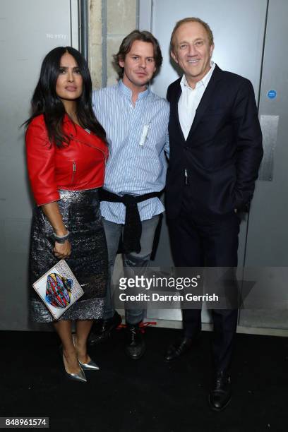 Salma Hayek, Christopher Kane and Francois-Henri Pinault attend the Christopher Kane show during London Fashion Week September 2017 on September 18,...