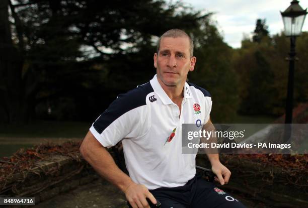 Coach Stuart Lancaster poses for a photo following a Press Conference at Pennyhill Park Hotel, Bagshot, Surrey.