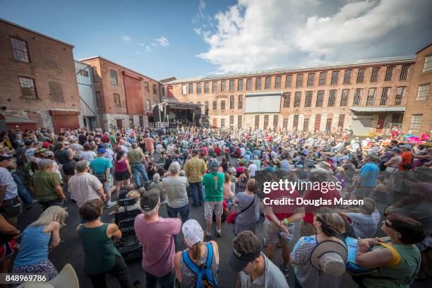 The crowd and atmosphere while Alison Brown & the Compass Bluegrass All Stars perform during the FreshGrass 2017 music festival at Mass MoCA on...