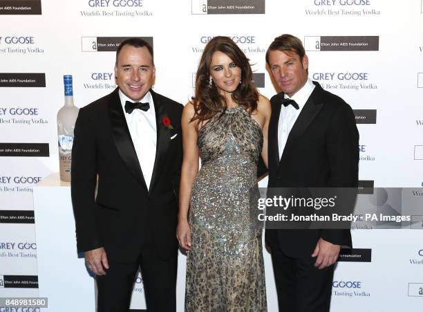 David Furnish, Elizabeth Hurley and Shane Warne arriving at the Grey Goose Winter Ball in aid of the Elton John AIDS Foundation at Battersea Power...