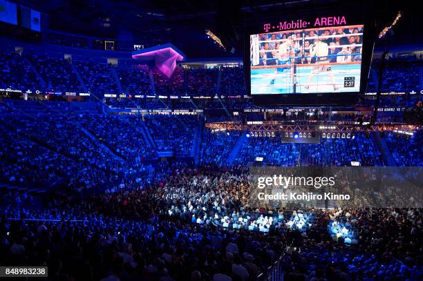 Middleweight Title: Overall view of ring and fans in arena during Gennady Golovkin vs Canelo Alvarez fight at T-Mobile Arena. View of action on video...