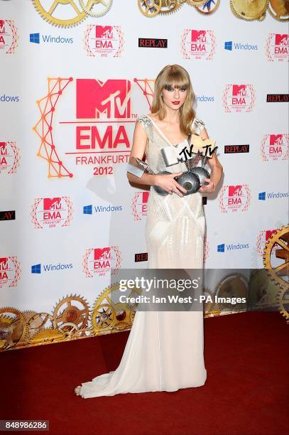 Taylor Swift with awards for Best Female, Best Live and Best Look in the press room at the 2012 MTV Europe Music Awards at the Festhalle Frankfurt,...