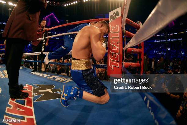 Middleweight Title: Canelo Alvarez down on knees, praying before fight vs Gennady Golovkin at T-Mobile Arena. Las Vegas, NV 9/16/2017 CREDIT: Robert...