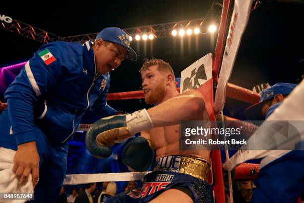 Middleweight Title: Canelo Alvarez sitting at his corner vs Gennady Golovkin during championship bout at T-Mobile Arena. Las Vegas, NV 9/16/2017...