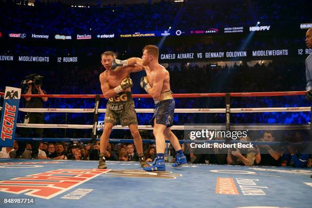 Middleweight Title: Canelo Alvarez in action vs Gennady Golovkin during championship bout at T-Mobile Arena. Las Vegas, NV 9/16/2017 CREDIT: Robert...