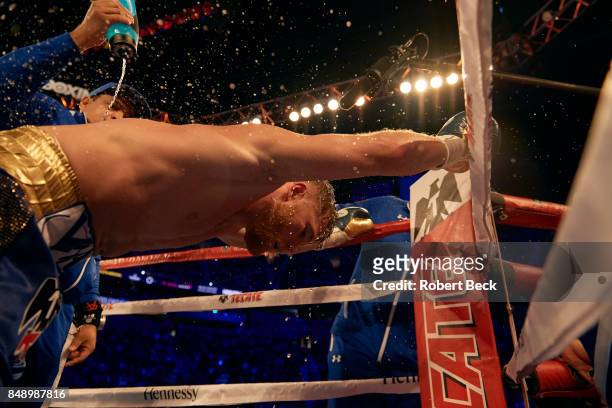 Middleweight Title: Canelo Alvarez being doused with water at his corner vs Gennady Golovkin during championship bout at T-Mobile Arena. Las Vegas,...